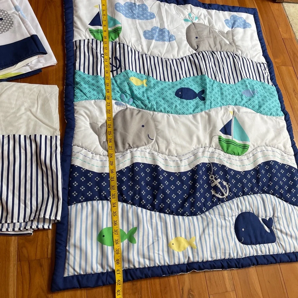 Nursery crib set Nautical Baby Quilt & 2 Crib Skirts BOAT ANCHOR WHALE S…